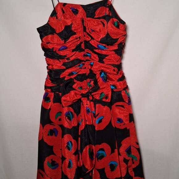 Vintage 1980s Party Dress Apostrophe 13/14 Red Black Floral Satin Sleeveless - Picture 7 of 16